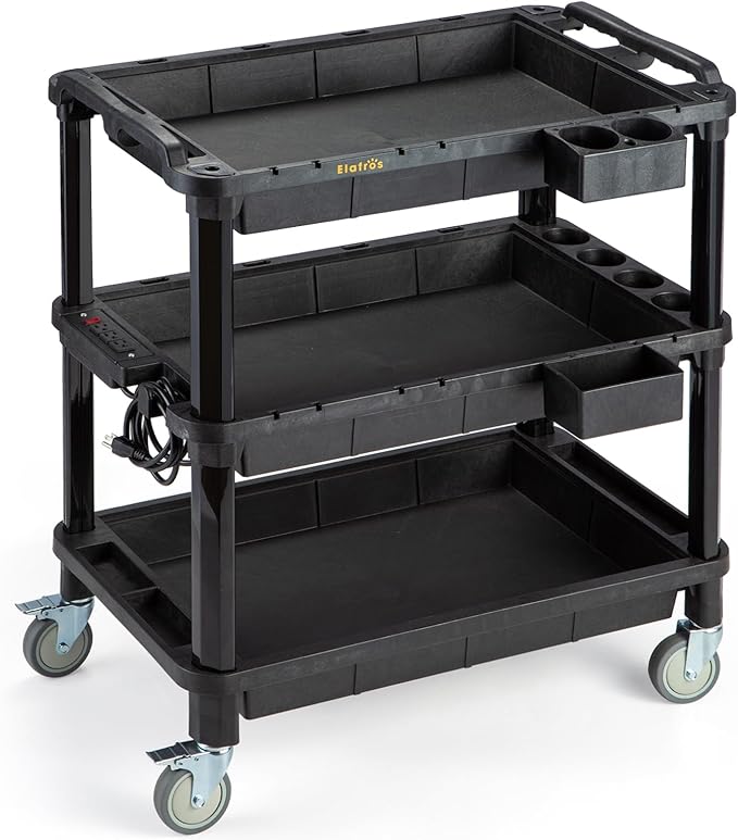 ELAFROS Multi-Use Rolling Cart with Power Strip – Industrial-Grade Plastic Utility Cart with 3 Deep Plastic Shelves, 500 lbs Capacity, 32.4"x18.3", Work cart, Black