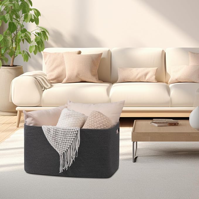 OIAHOMY 75L Large Blanket Basket Woven Rope Storage Basket Dark Grey - Image 2