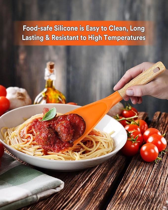 Cooking Spoon for Nonstick Cookwares, Great for Cooking and Serving Sturdy BPA-Free Matte Silicone, Wood Handle Spoon for Mixing, Scoop, and Scrape (ORANGE, 11.4 inch)