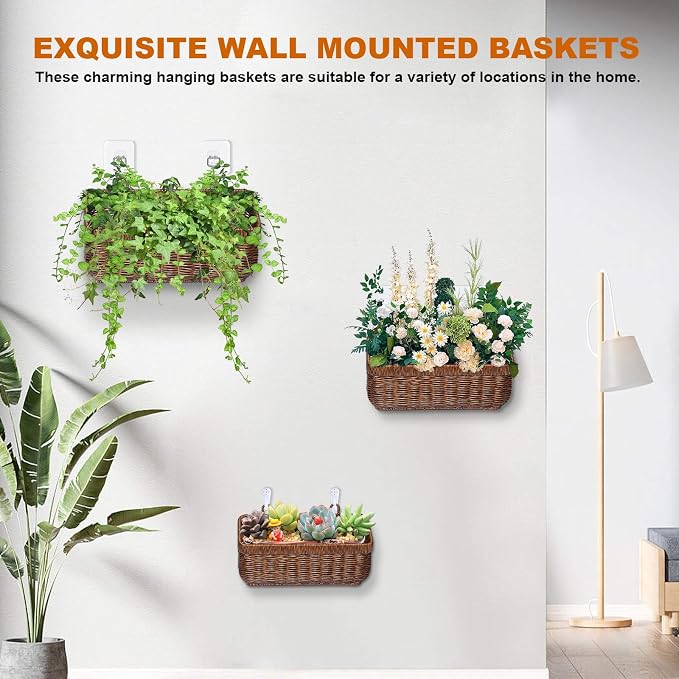 Hanging Baskets, Handmade Wicker Style Wall Basket w/Hooks - Image 6