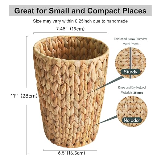Coeusy Wicker Trash Can, Small Bathroom Trash Can, Water Hyacinth Wicker Waste - Image 3