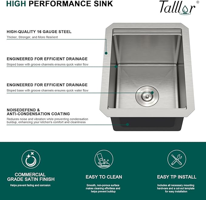 Undermount Bar Sink - 12 Inch Workstation Bar Sink Stainless Steel 16 Gauge Single Bowl Under Counter Camper Small Wet Sinks with Cutting Board #TLU-0018