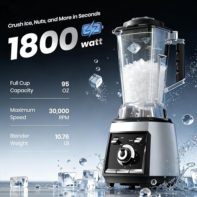 Blenders for kitchen, 1800W Smoothie Blender, Professional High Speed Countertop Blender with Stainless Steel Blades, 68-oz. Pitcher Ice Crushing & Frozen Fruit, BPA Free, Silver