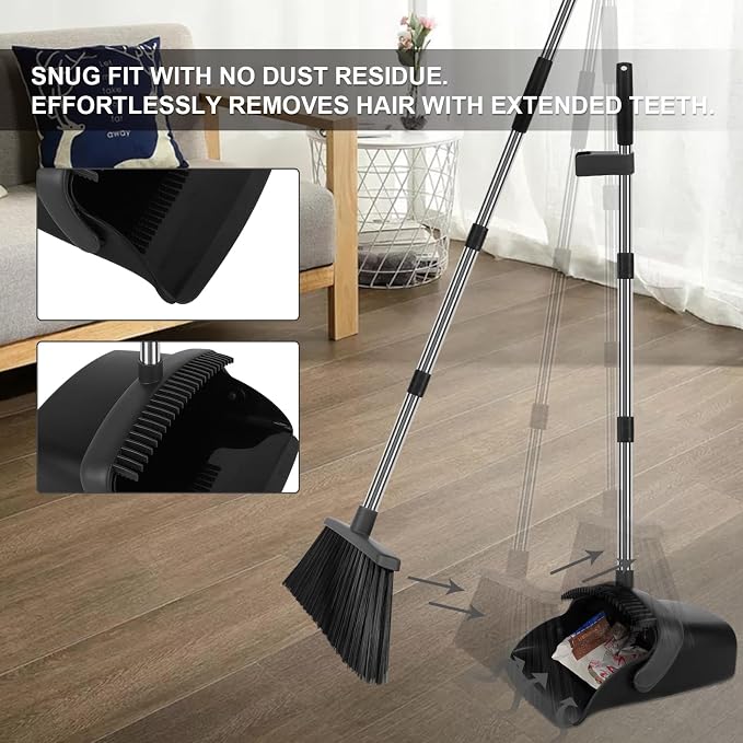 Black Broom and Dustpan Combo Set, Extended Reach Design, Built-in Comb Dustpan - Image 7