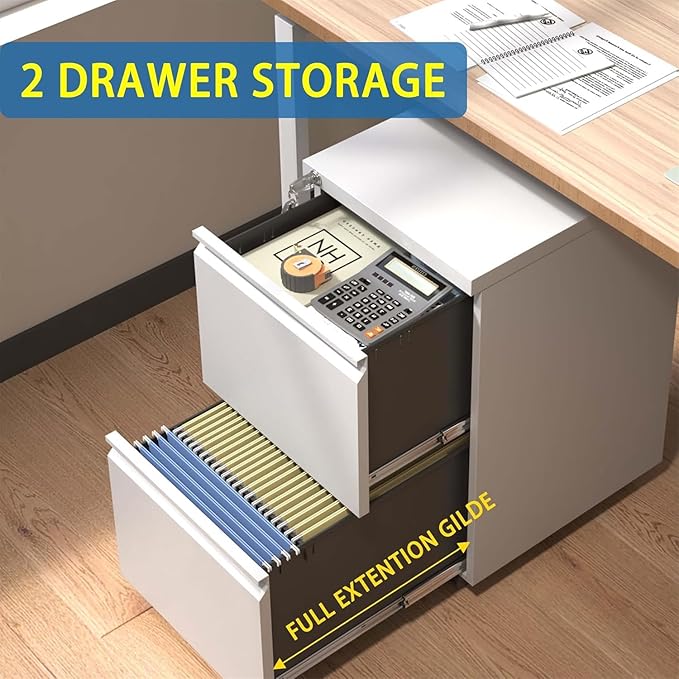 Fully Assembled 2 Drawer File Cabinet, Locking Full Steel Filing Cabinet, Quiet Slides, Anti-Tipping Wheels, Fits A4/Letter/Legal, for Home & Small Office, Matte White