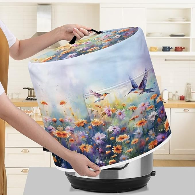 Xoenoiee Hummingbird Beautiful Floral Print Pressure Cooker Cover Kitchen Appliance Dust Cover with Pockets Compatible with Rice Cooker Air Fryer Slow Cooker, for 3 Qt Pot