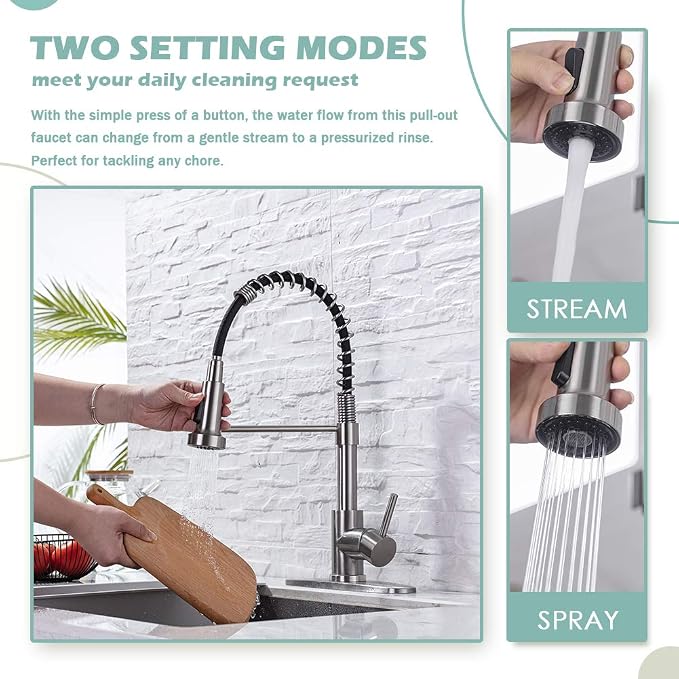 WEWE High Arc Pull-Down Kitchen Faucet, 2-Mode Sprayer, Brushed Nickel | - Image 3