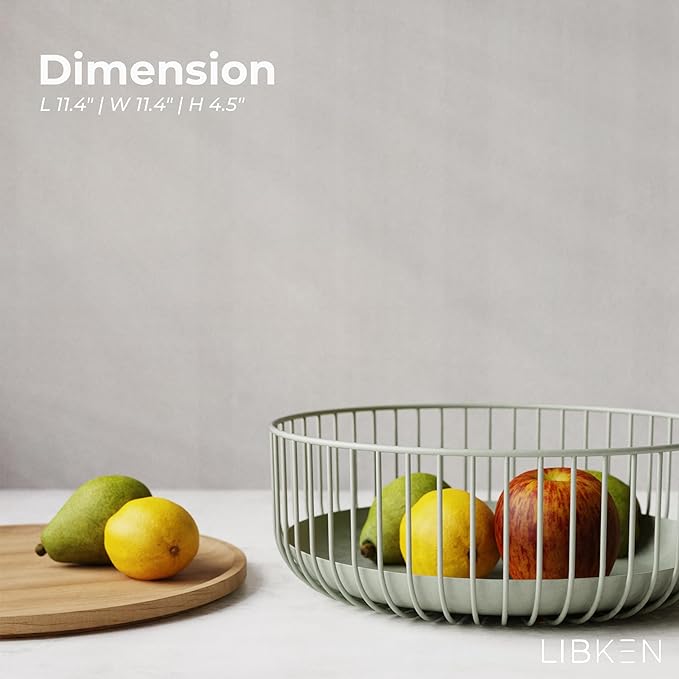 Fruit Basket with Wooden Bamboo Lid- Fruit Bowl For Kitchen Counter - Countertop Bin for Produce Fruits, Potato and Veggie - Metal Wire Baskets For Organizing - 11.4"x11.4"x4.5" - Green