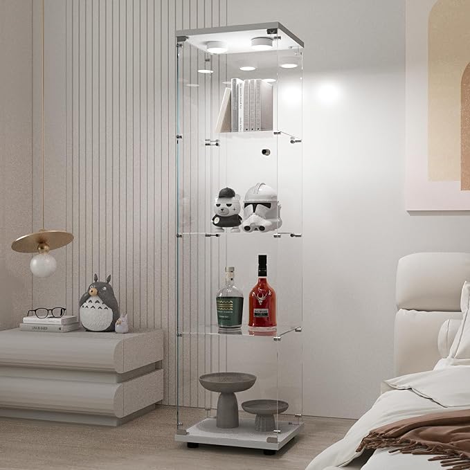 Yoluckea 4 Tiers Glass Display Cabinet with Paipai Light, 1 Door Floor Standing Curio Cabinet with Adjustable Floor Feet for Home Office Corner Display, White Glass Bookshelf for Collections and Decor