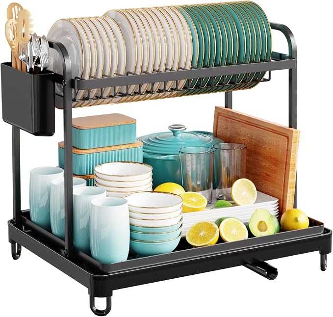 Sakugi Dish Drying Rack 2-Tier 16.7" x12.7" x15.8" Black Double Rod | Kitchen - Image 3