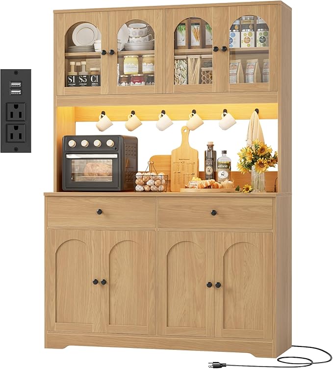 HIFIT 71" LED Kitchen Pantry Cabinet with Power Outlet, Large Kitchen Hutch Storage Cabinet with Arched Door & Shelves & 2 Drawers, Tall Modern Coffee Bar w/Hutch for Home Dining Living Room, Natural