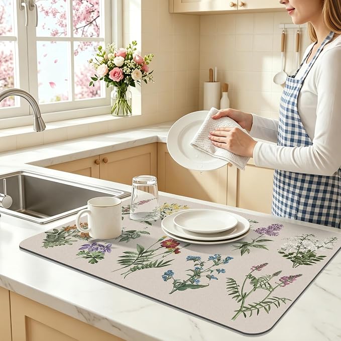 LOKHOM 17"x28" Dish Drying Mat，Vintage Sage Flower Herb Coffee Mat | Ultra - Image 3