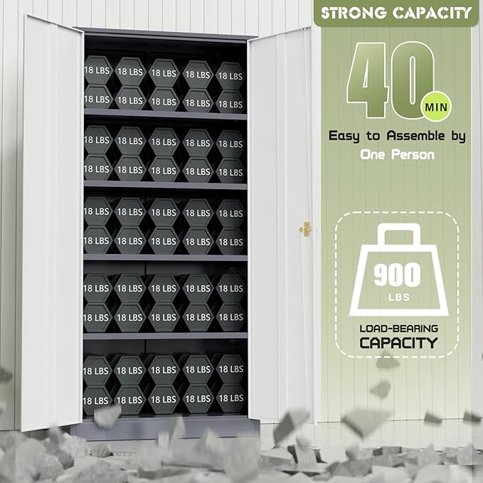 Oakmont Metal Storage Cabinet for Tool Organization, 72" Lockable Garage Storage Cabinets with 2 Doors and 4 Adjustable Shelves, Locking File Cabinet for Office, Home, School (72“ Wide-GreyWhite)