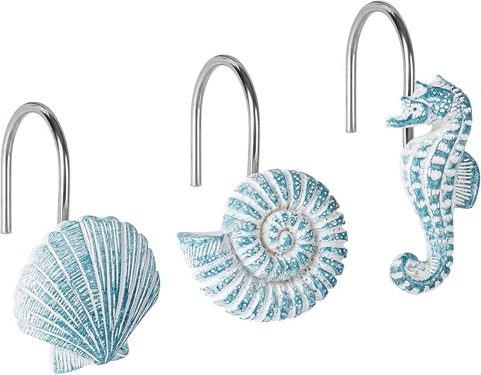 Sunlit Seashells Decorative Shower Curtain Hooks, Aqua Blue Ocean Creatures by Sunlit