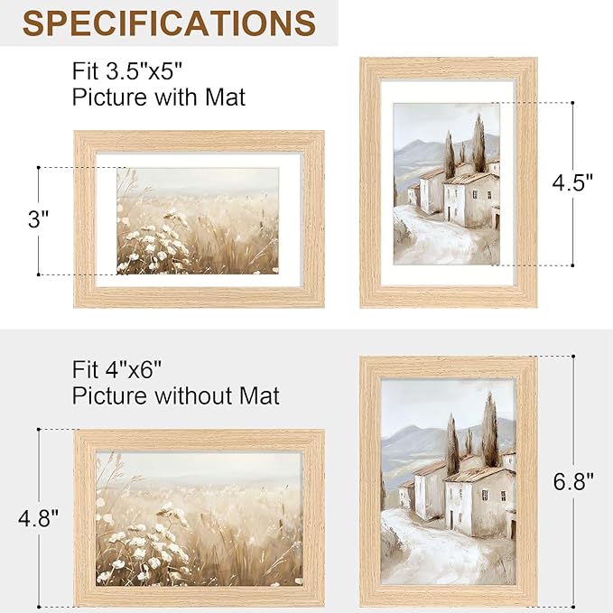 Vittanly 4x6 Picture Frame Set of 2, Solid Wood Frame for Wall or Tabletop, Display Photo 3.5x5 with Mat or 4x6 without Mat, Natural