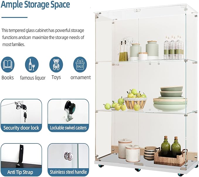 Yoluckea 3 Tiers Glass Display Cabinet with Bluetooth LED Light Strip, 2 Doors Floor Standing Curio Cabinet with Universal Wheel for Home, White Glass Bookshelf for Collections, Clear Top