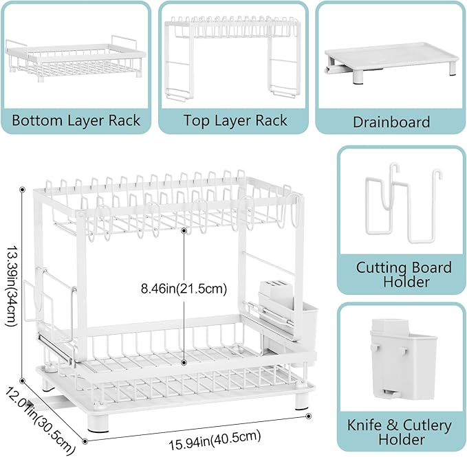 2-Tier Dish Drying Rack for Kitchen Counter, Space-Saving, Auto Drain Spout - Image 6