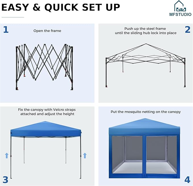 MFSTUDIO 10'x10' Pop Up Canopy Tent with Netting, Portable Instant Folding Canopy, Outdoor Canopy Screen Event Tent with 4 Zippered Mesh Netting for Garden, Blue
