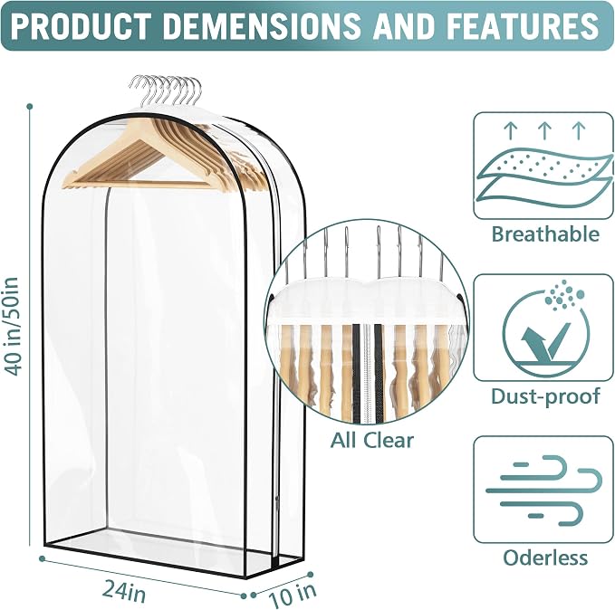 Liuoud Clear Garment Bags for Hanging Clothes 10” Gusseted, 4 Pack, 40”&50” | - Image 4