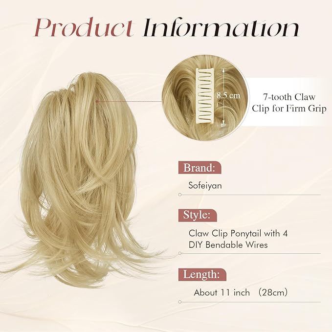 Sofeiyan Claw Clip Short Ponytail Extension DIY Bendable Wires Hair Bun Fluffy Fake Hair Piece Straight Synthetic Hair Ponytail Extensions for Wonen - Blonde with Light