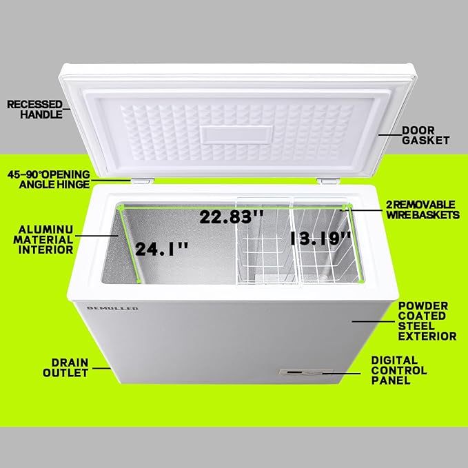 Chest Deep Freezer with 2 Hanging Baskets Electronic Control to 1℉Top Open Door Open Freezer Energy Saving Quiet Operation Perfect for Dorm, Garage and RVS, White