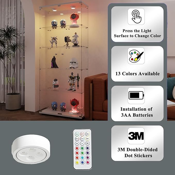Glass Display Cabinet with LED, 5 Shelves with 2 Doors, Curio Storage Cabinets with Lock for Living Room, Office, Floor Standing Glass Bookshelf, Quick Installation - White