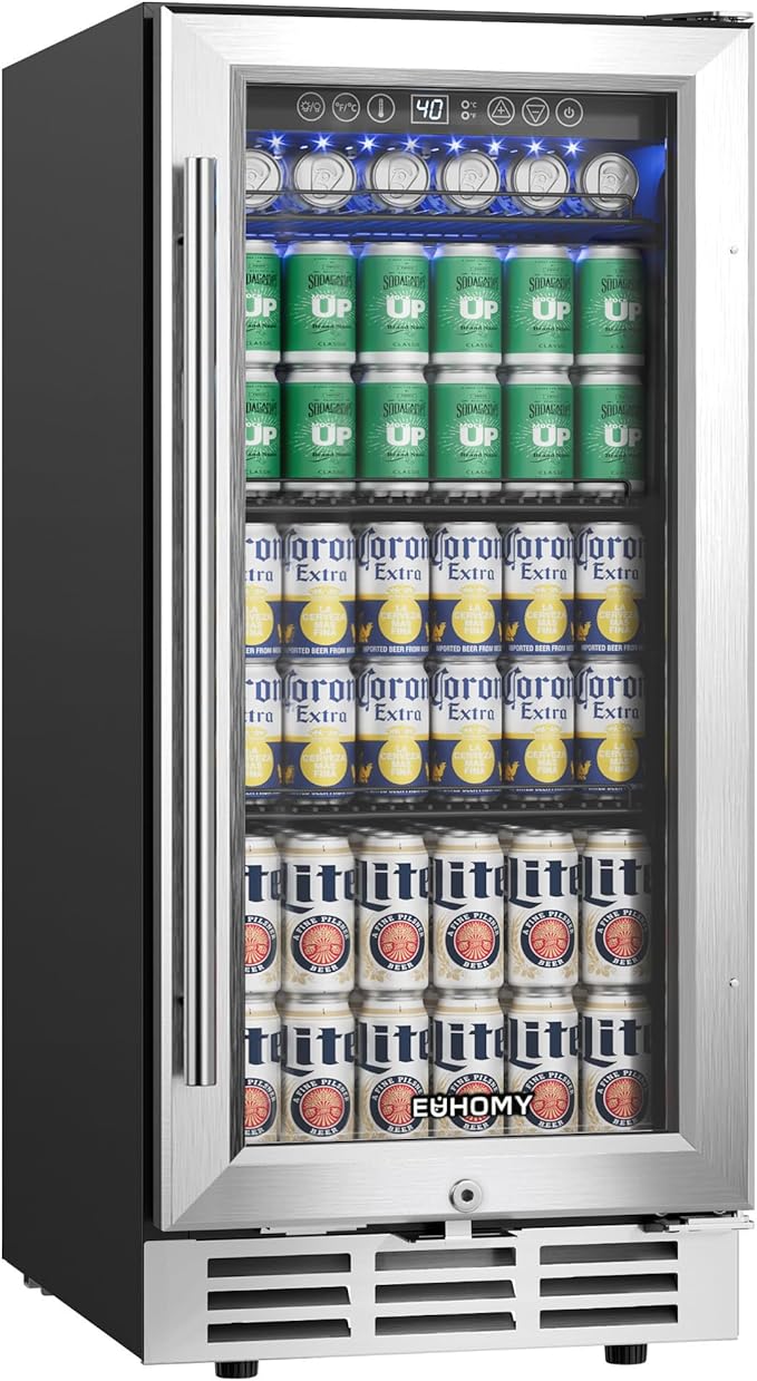 EUHOMY 15 Inch Beverage Refrigerator Cooler Under Counter 127 Cans Beverage Fridge Built-in or Freestanding with Glass Door, LED Light, Beer Fridge for Soda, Water, Wine - Home Kitchen Bar.