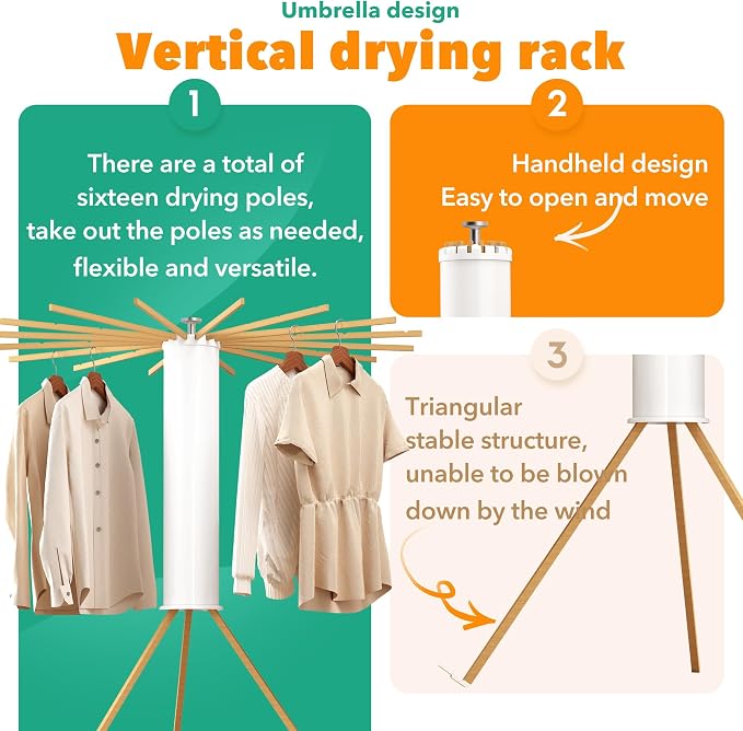 Heavy-Duty Wooden Tripod Clothes Drying Rack, 16 Rods, Large Capacity, 360° - Image 3