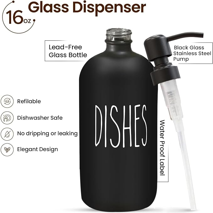 Sunrise Premium Black Glass Soap Dispenser, Matte Black Pump, 16 oz | Black - Image 2