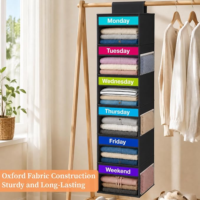 Weekly Clothes Organizer for Closet, 6-Shelf Hanging Closet Organizer - Image 2
