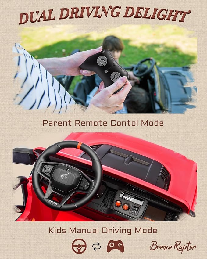 First Ride On Ford Bronco 24V Ride on Toys for Boys & Girls, 2 Seater Kids Electric Car with Remote Control, Kids Ride on Truck with 4 Wheels Suspension, Led Lights, Safety Belt (24V, Red)