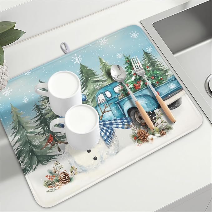 Giwawa Winter Snowman Blue Dish Drying Mat Xmas Truck Dishes Pad 18"x24" - Image 8