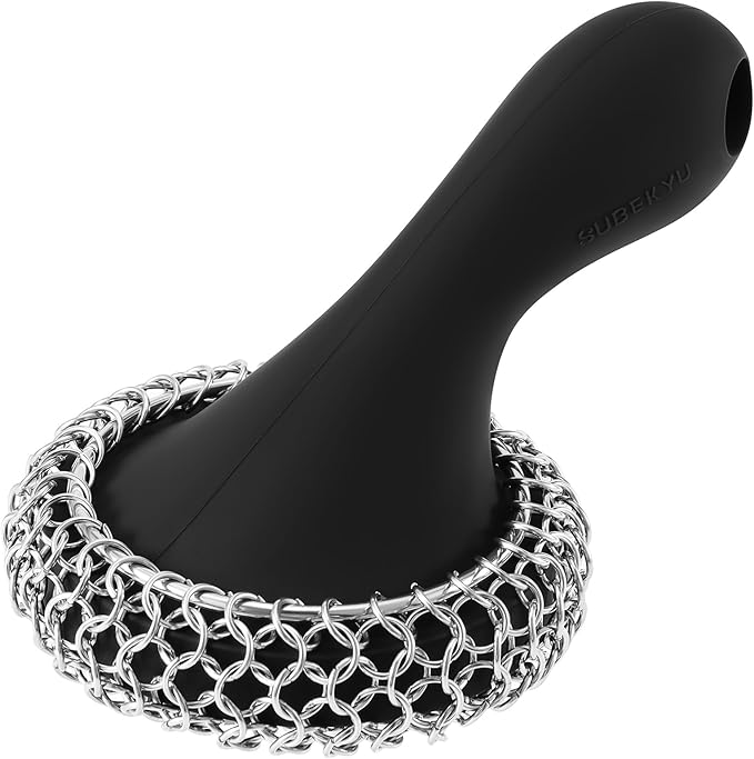 SUBEKYU Cast Iron Scrubber with Silicone Handle, Stainless Steel Chainmail Scrubber for Cast Iron Pans, Black