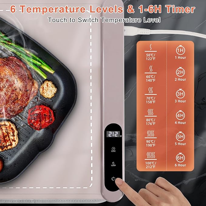 FYY Warming Mat for Food with Heat Resistant Pad, Prevent Countertop Cracks, Keep Meal Warm, Rapid and Full Surface Heating, 6 Temp Settings, 6H Timer, Upgraded Rollable Portable Food Warmer Mat Pink