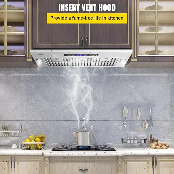 VEVOR Insert Range Hood, 900CFM 4-Speed, 36 Inch Stainless Steel Built-in Kitchen Vent with Touch & Remote Control LED Lights Baffle Filters, Ducted/Ductless Convertible, ETL Listed…
