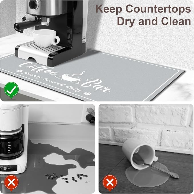 CooRug Fashion Coffee Mat, Dish Drying Mat 12" x 20" Light Grey | Hide Stain - Image 3