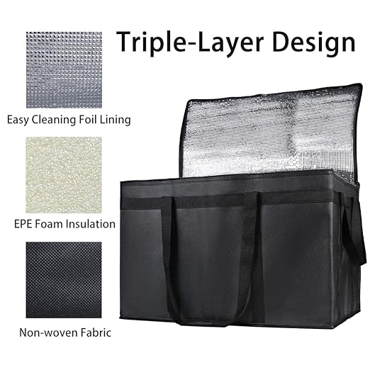 Bodaon 4-Pack Cooler Insulated Food Delivery Bag, Rideshare Delivery Bag, XXX-Large Thermal Bags for Catering/Hot Pizza, Travel/Camping/Picnic/Grocery Reusable Warmer Frozen, Black With Bottom