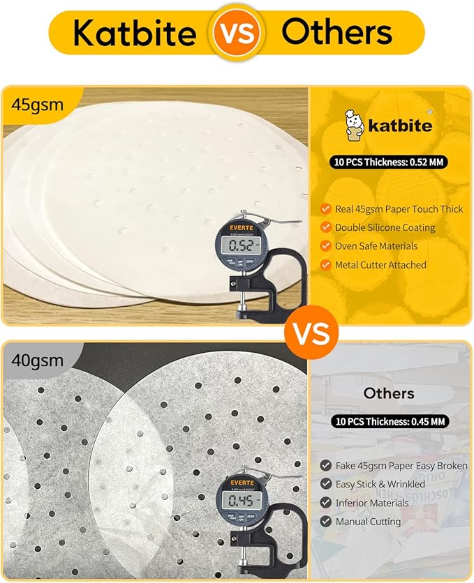 Katbite 9 Inch Air Fryer Liners, 120 Non-Stick Perforated Parchment Papers for Air Fryer, Bamboo Steamer Liners