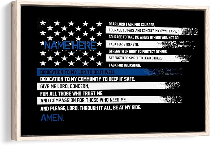 Personalized Police Poster & Framed Canvas, Police Officer Prayer Thin Blue Line Home Office Decor, Custom Name Bedroom Living Room Aesthetic Wall Art Gift For Men, Women, Son