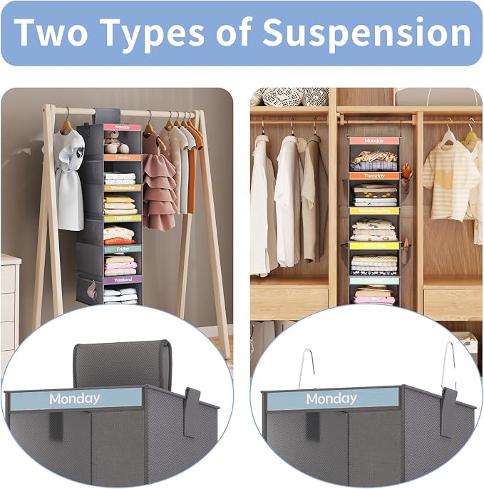 Weekly Kids Clothes Organizer 6-Shelf Hanging Closet Storage Dark Grey | - Image 4