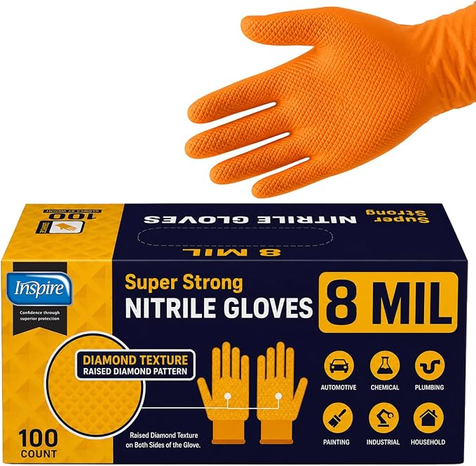 Inspire Heavy Duty Orange Nitrile Gloves | ULTRA 8 Mil Diamond Textured Grip | by Inspire