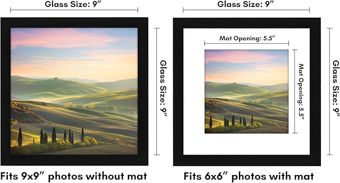 Americanflat 9x9 Picture Frame with Shatter-Resistant Glass - Use as 6x6 Frame with Mat or Display 9x9 Photo Without Mat - Signature Collection - Square Frames for Tabletop and Wall Display - Black