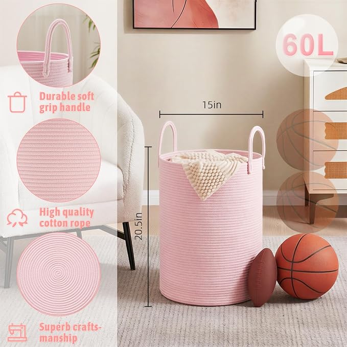 Artfeel Laundry Basket, Woven Cotton Rope Laundry Hamper, 60L - Image 6