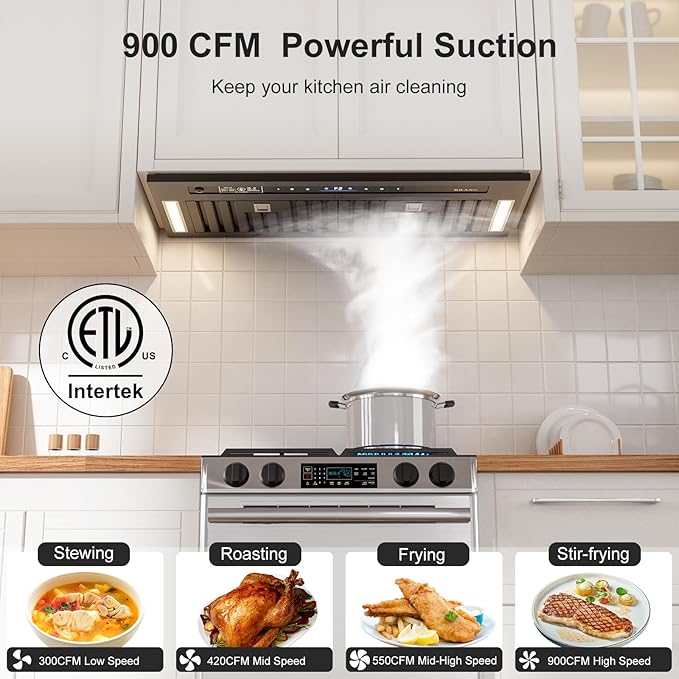 BRANO Range Hood Insert 30 Inch, 900 CFM Voice/Gesture/Touch Control Build-in Kitchen Hood Vent with 4 Speed Exhaust Fan, Memory Mode, Adjustable Lights, Ducted/Ductless Convertible