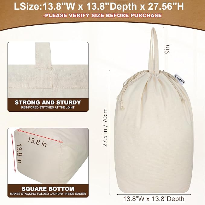 Canvas Laundry Bags with Handles & Square Base 13.8"Wx13.8"Dx27.6"H, 2 Pack - Image 3