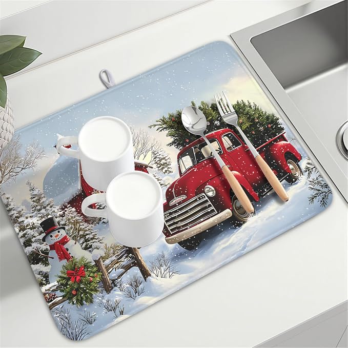 Giwawa Red Truck Dish Drying Mat Winter Xmas Tree Drainer Rack Pad 18"x24" - Image 8