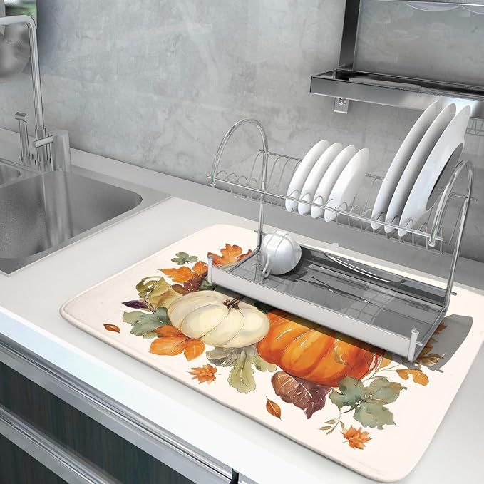 Giwawa Fall Pumpkin Dish Drying Mat Autumn Leaves Absorbent Dishes Pad 18x24 - Image 5