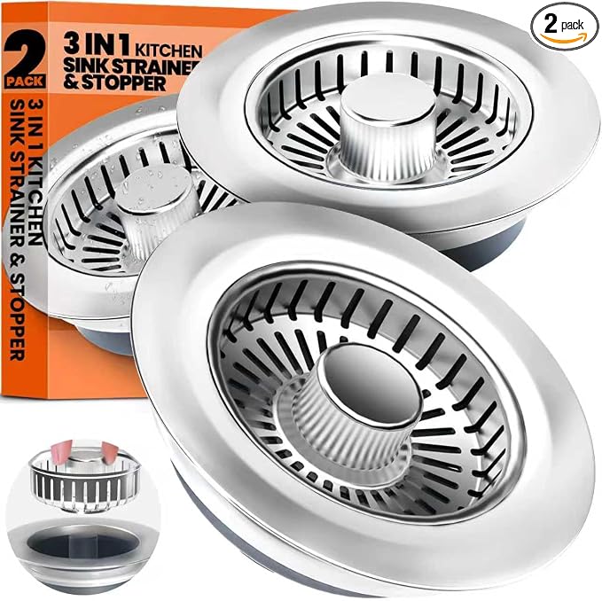 3 in 1 Kitchen Sink Drain Strainer and Stopper Brushed Silver by Nipoko