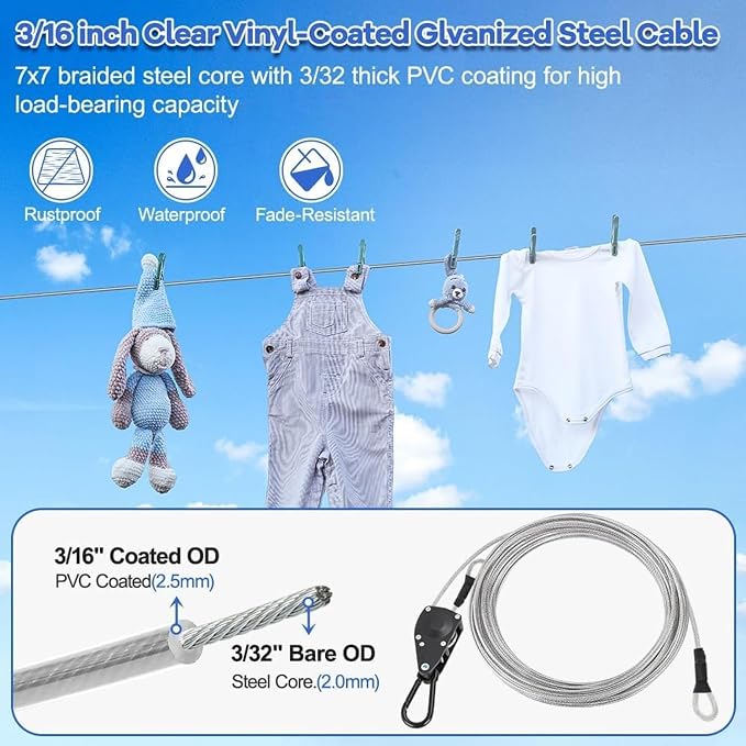 TooTaci Outdoor Clothesline Kit, 15ft 3/16" PVC Coated Clothesline Cable - Image 3