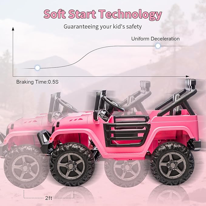 2 Seater Ride on Car Toy for Kids, 24V 4x4 Ride-on Truck, w/Parent Control, Soft Start, 3 Speed, 4-Wheeler Suspension, Bluetooth, LED Lights, Electric Car for Kids Toddler Ages 3-8, Pink